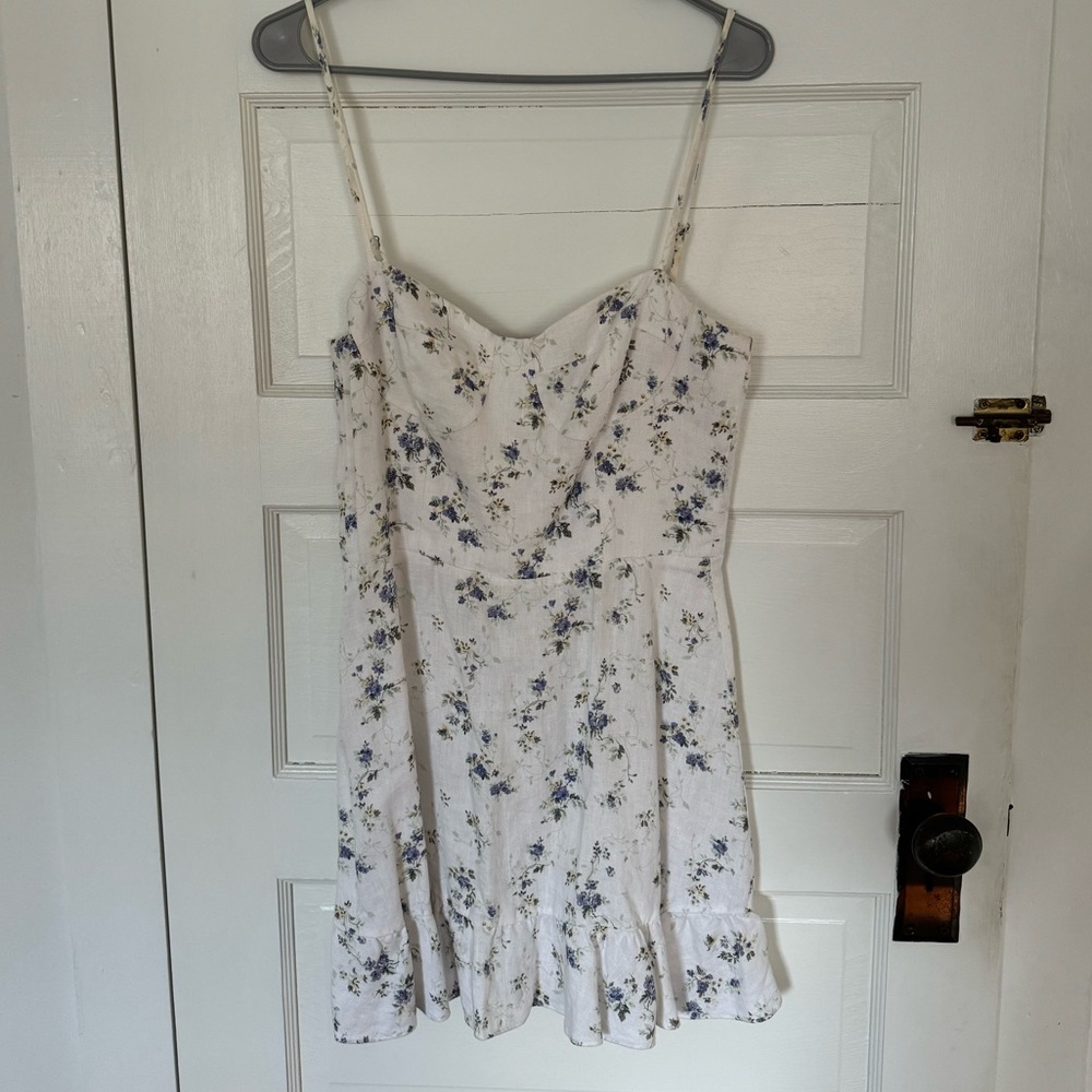 Reformation | Mini white dress with blue flowers
